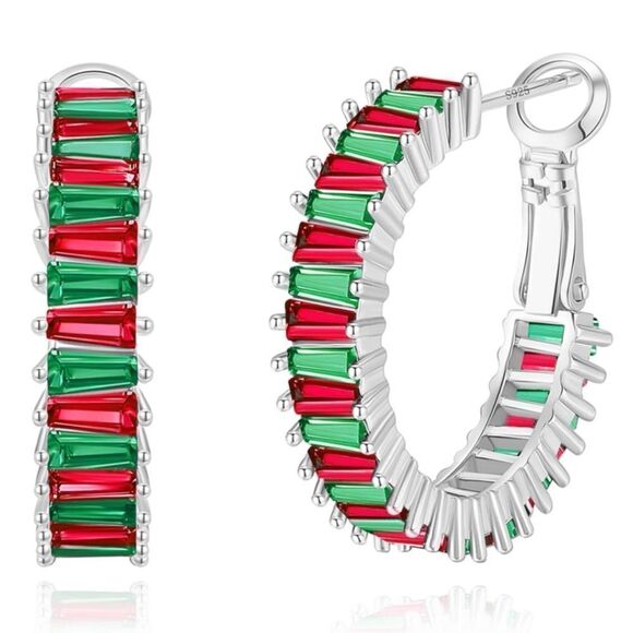 14K White Gold with Ruby and Emerald Cubic Zirconia Drop Hoop Leverback Earrings
